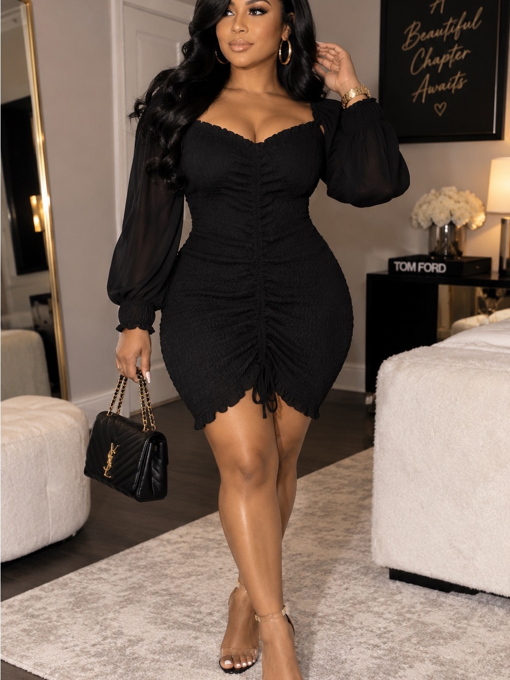 Chic Black Ruched Mini Dress with Sheer Bishop Sleeves